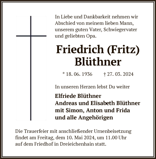 Traueranzeige von Friedrich Blüthner von OF